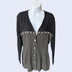 My Michelle pearl-trim herringbone button blouse black V-neck long sleeve 90s